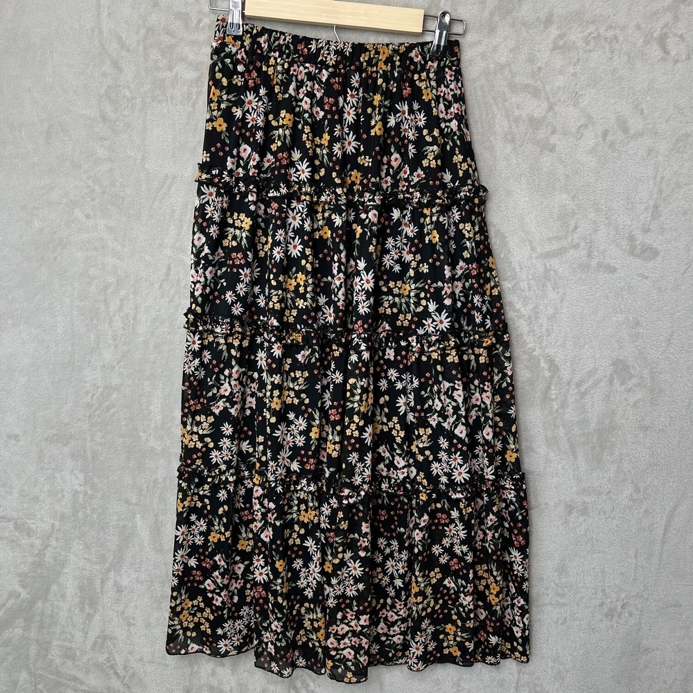 Luna Womens Long Black Boho Floral Ruffle Stretch Waist Flowy Skirt Size Small